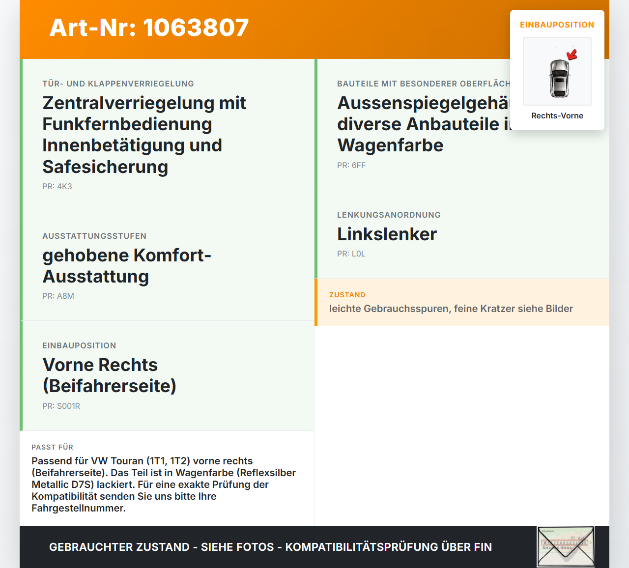 VW Touran 1T 06-10 Türgriff Griff aussen Rechts Vorne LD7S VW Touran 1T 06-10 06.08.2007 7H0837205D gebraucht Vorschau 3