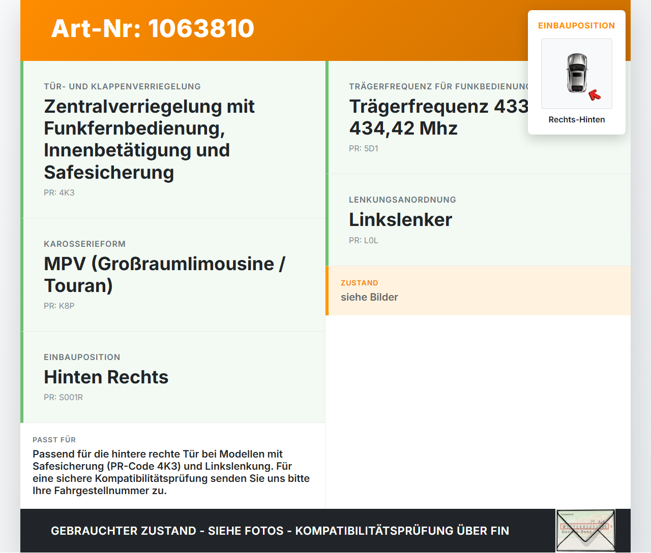 VW Touran 1T 06-10 Türschloss m. ZV Stellmotor Rechts Hinten VW Touran 1T 06-10 06.08.2007 7L0839016D 7L0839016... Vorschau 3