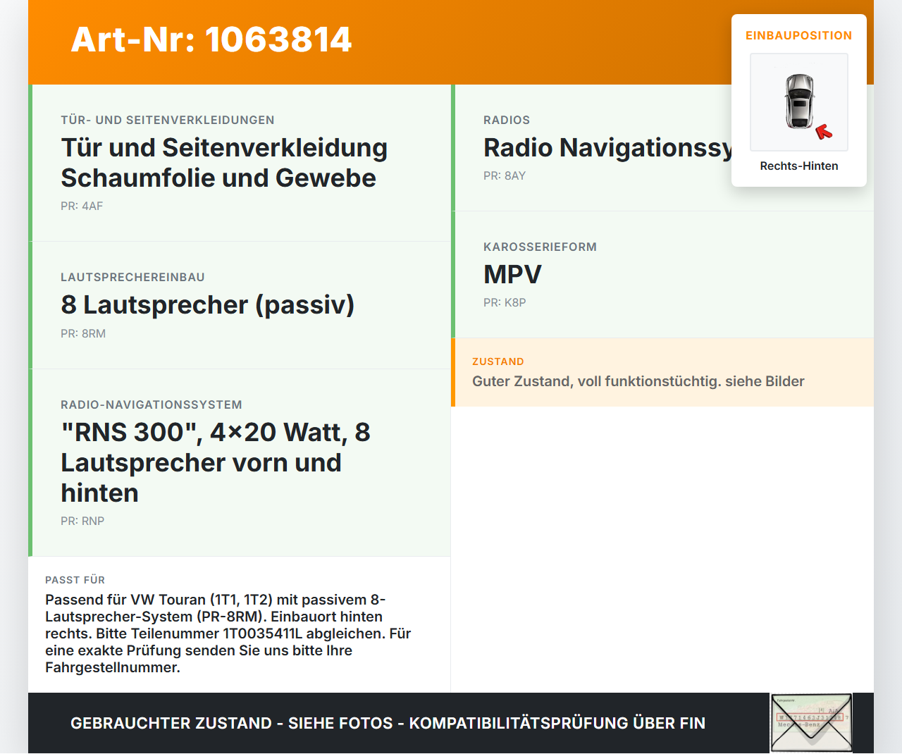 VW Touran 1T 06-10 Lautsprecher Hochtöner Rechts Hinten VW Touran 1T 06-10 06.08.2007 1T0035411L gebraucht Vorschau 3