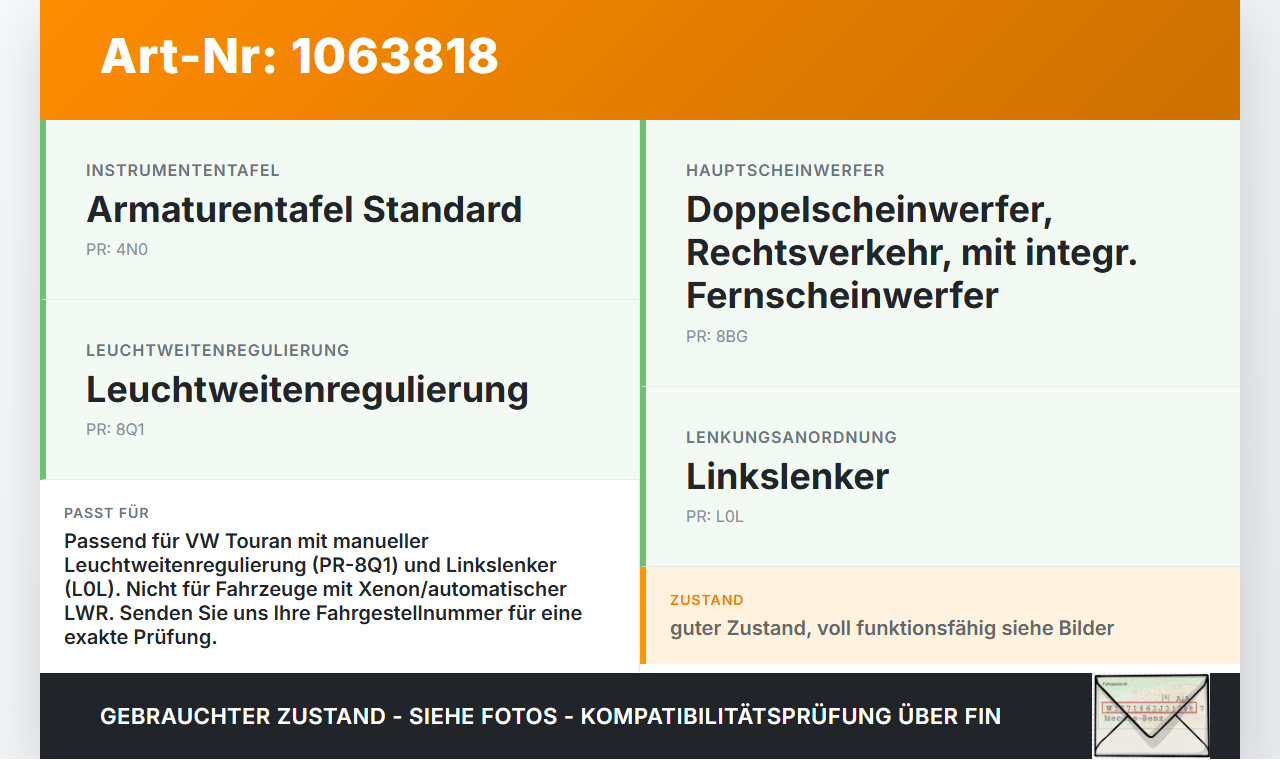 VW Touran 1T 06-10 LWR Schalter Leuchtweitenregler VW Touran 1T 06-10 06.08.2007 1T0941333B gebraucht Vorschau 3