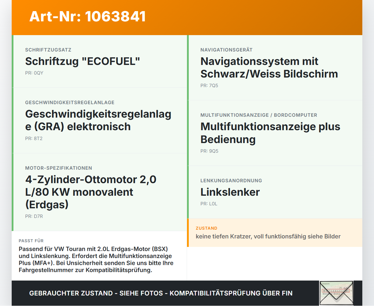VW Touran 1T 06-10 CNG 2,0 80KW Kombiinstrument Tacho VW Touran 1T 06-10 06.08.2007 1T0920873F V0011000 gebraucht Vorschau 3