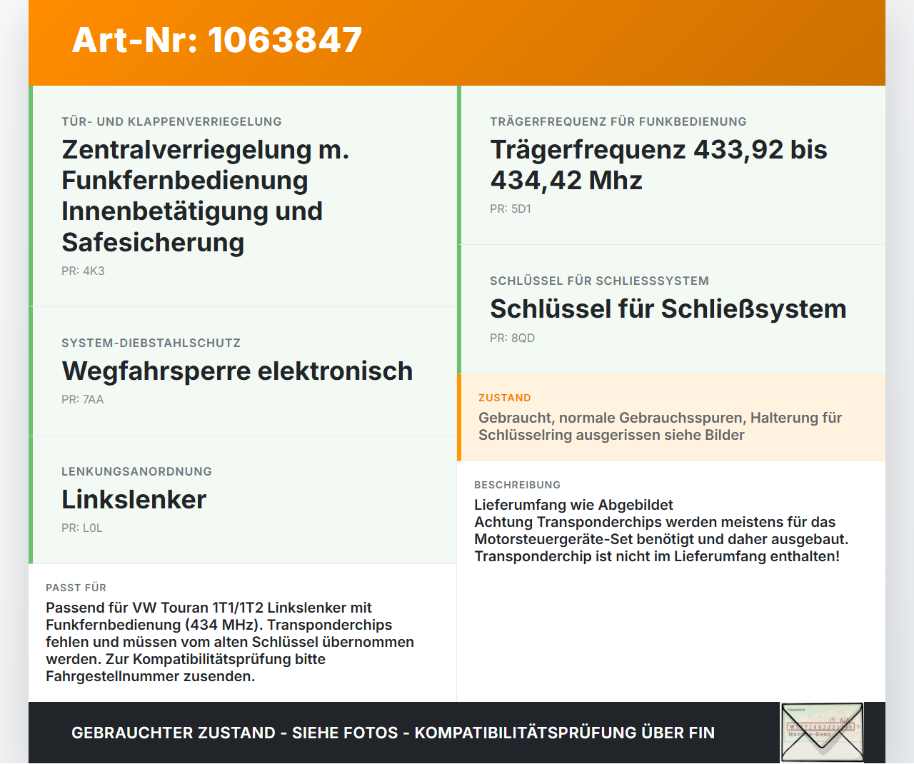 VW Touran 1T 06-10 Schliesszylinder Zündschloss 2x Schlüssel Schliessanlage VW Touran 1T 06-10 06.08.2007... Vorschau 3
