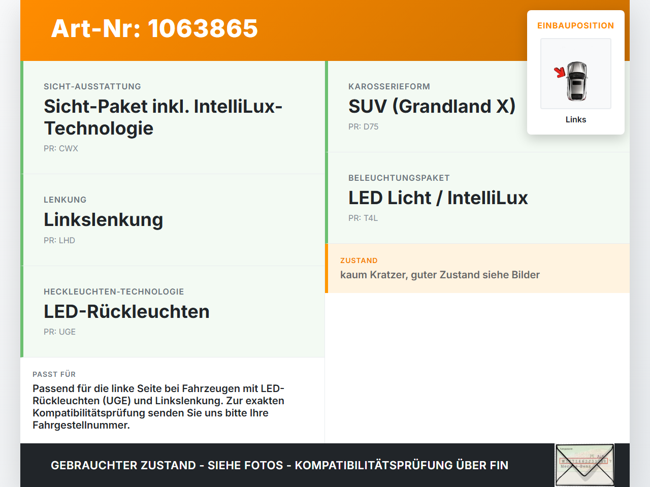 Opel Grandland I 17-21 Rückleuchte Rücklicht Heckleuchte Links orig Opel Grandland I 17-21 29.03.2018 YP00098380... Vorschau 3