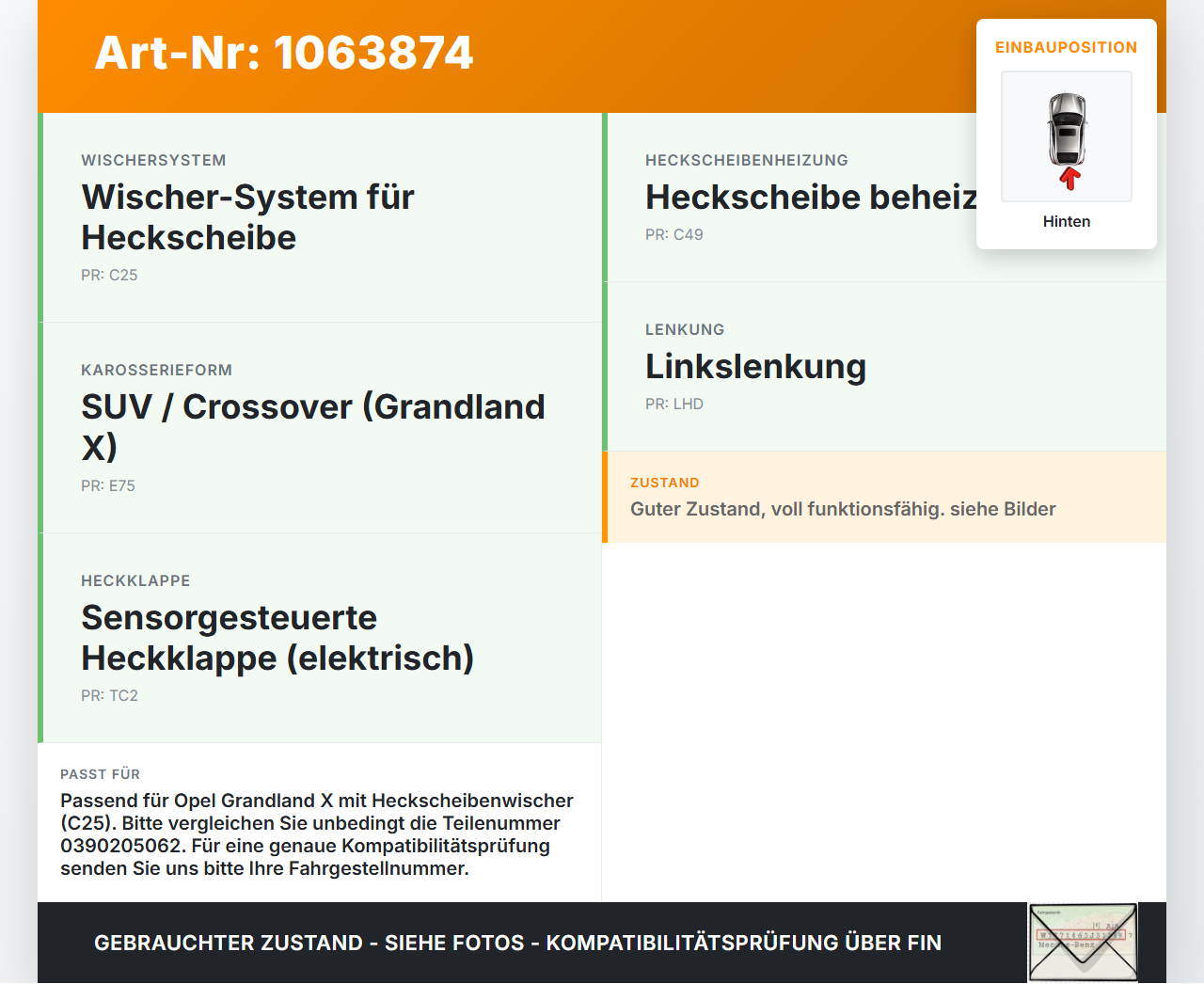 Opel Grandland I 17-21 Wischermotor Hinten Heckwischermotor Opel Grandland I 17-21 29.03.2018 0390205062 9819899980... Vorschau 3