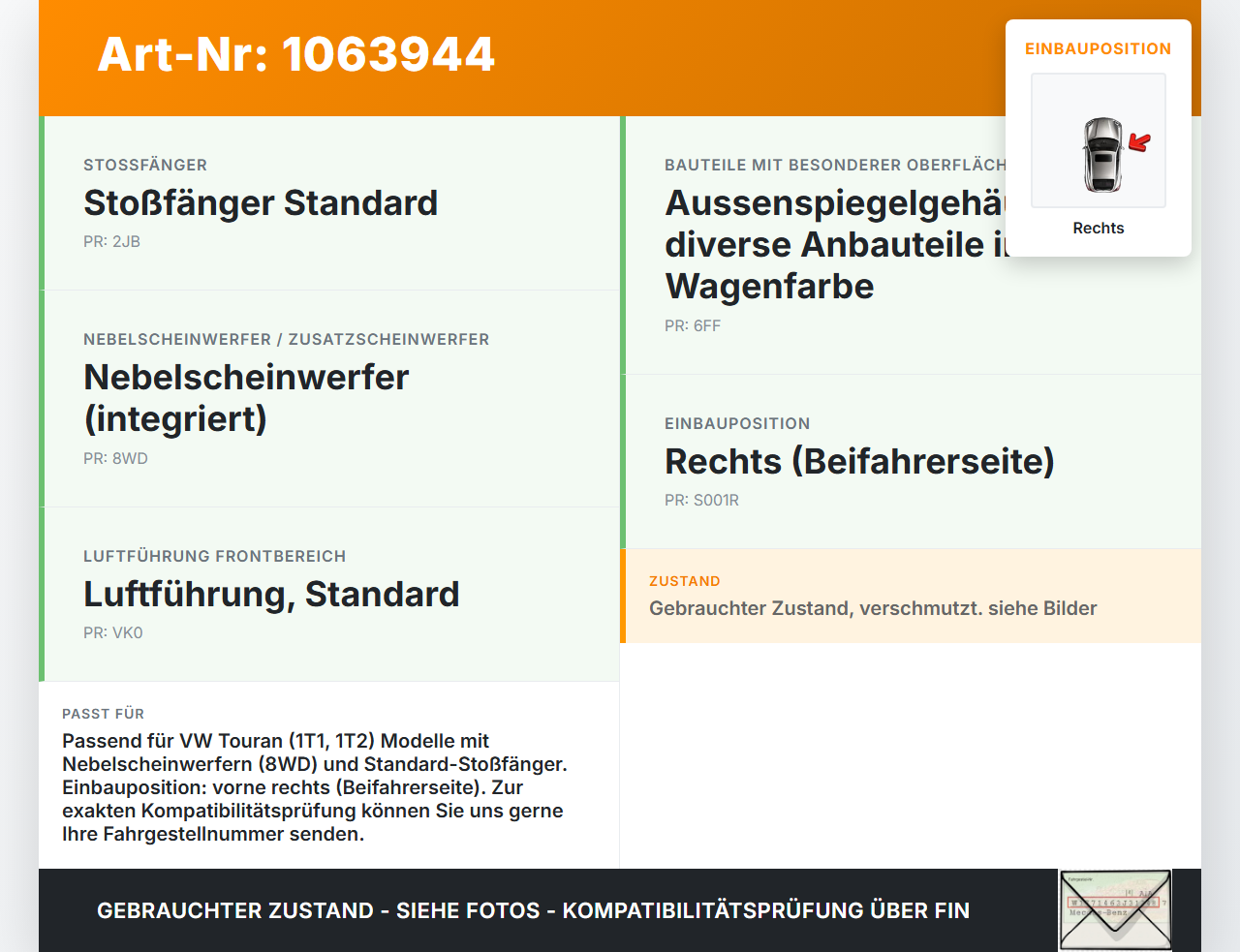 VW Touran 1T 06-10 Frontblende Frontleiste Rechts Nebelscheinwerfer VW Touran 1T 06-10 06.08.2007 1T0853666K... Vorschau 3