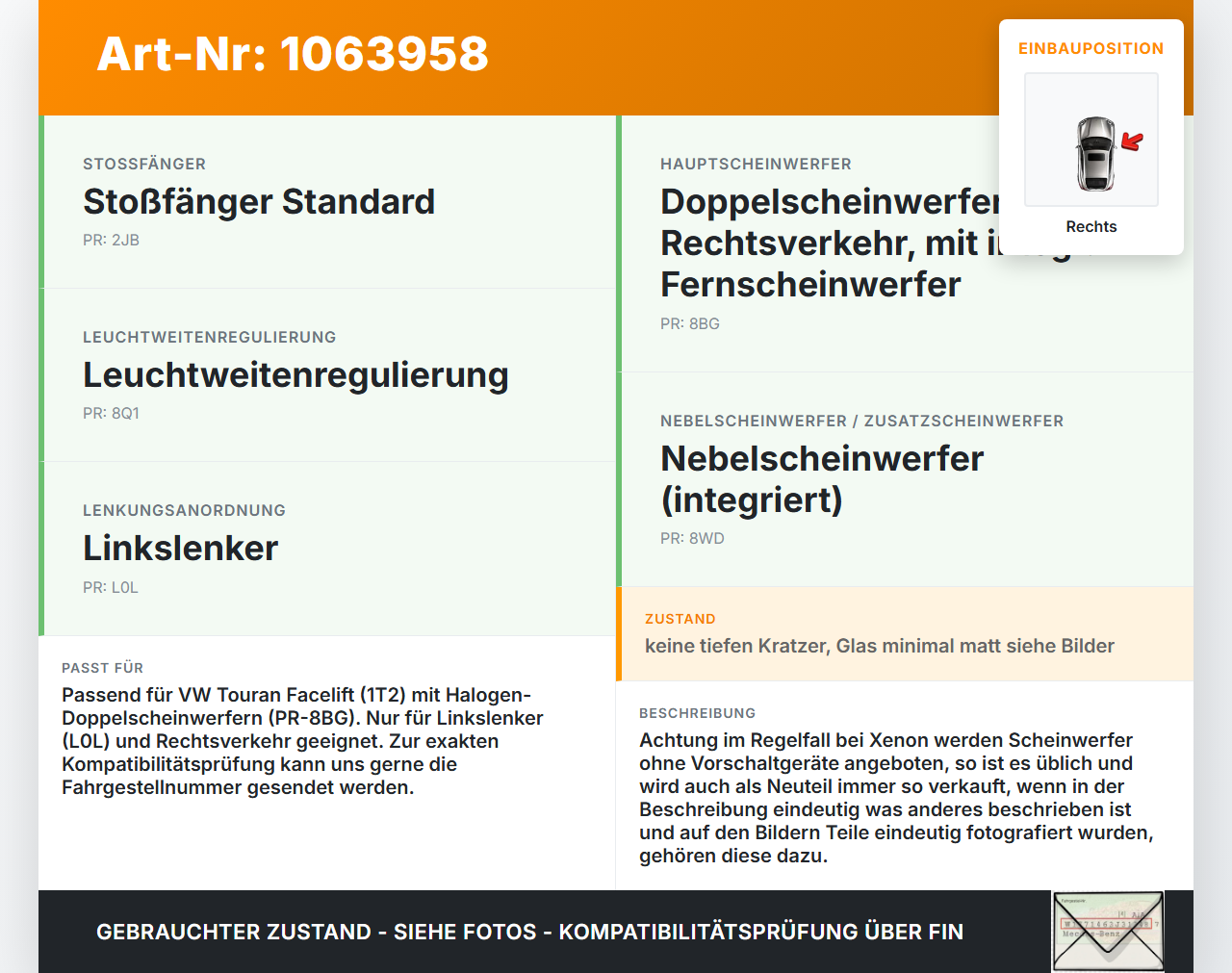 VW Touran 1T 06-10 Halogen Facelift Scheinwerfer Frontscheinwerfer Rechts orig. VW Touran 1T 06-10 06.08.2007... Vorschau 3