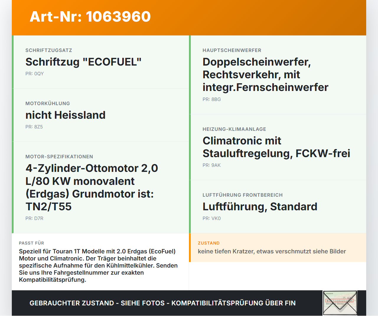 VW Touran 1T 06-10 CNG 2,0 80KW Schlossträger Frontmaske Träger VW Touran 1T 06-10 06.08.2007 1T0805588AD gebraucht Vorschau 3