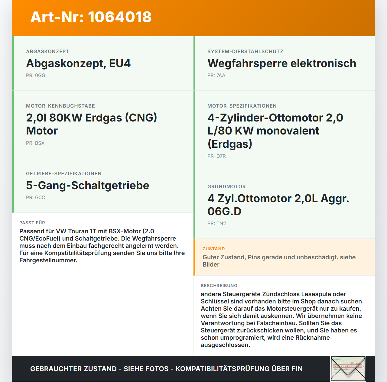 VW Touran 1T 06-10 CNG 2,0 80KW Motor Steuergerät ECU Motorsteuergerät VW Touran 1T 06-10 06.08.2007 06G906022B... Vorschau 3