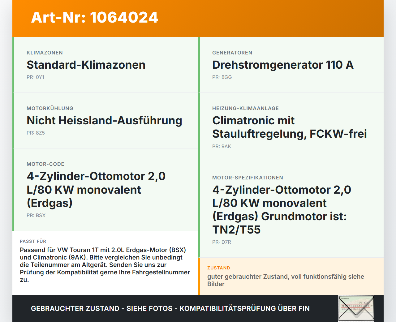VW Touran 1T 06-10 CNG 2,0 80KW Klimakompressor Klima Kompressor VW Touran 1T 06-10 06.08.2007 1K0820859S... Vorschau 3