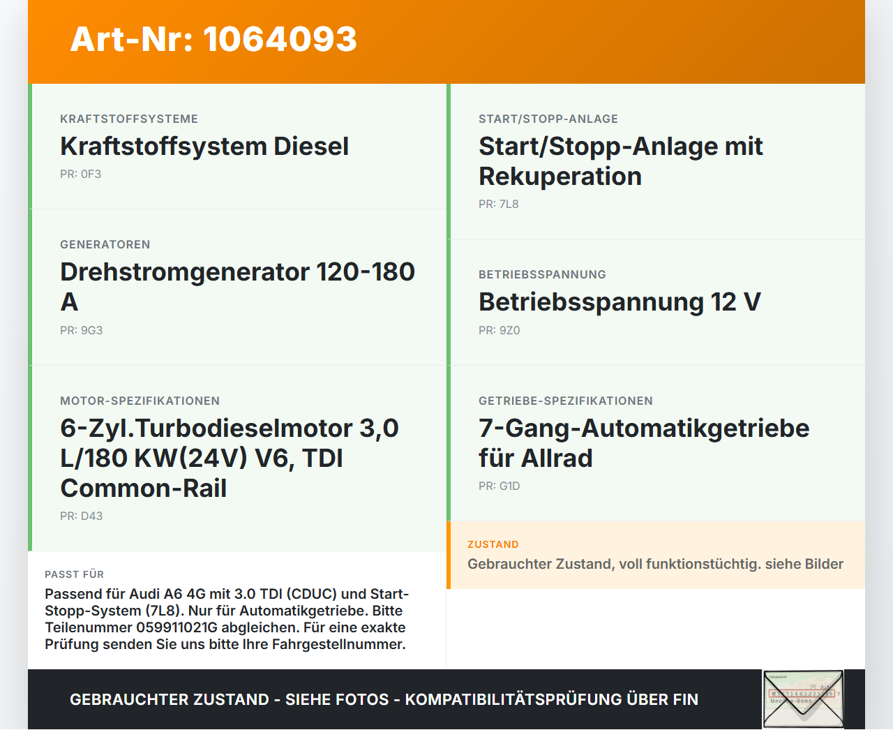 Audi A6 4G C7 11-14 qu 2,0 130KW Autom Anlasser Starter Audi A6 4G C7 11-14 qu 31.01.2012 059911021G 0986025160... Vorschau 3