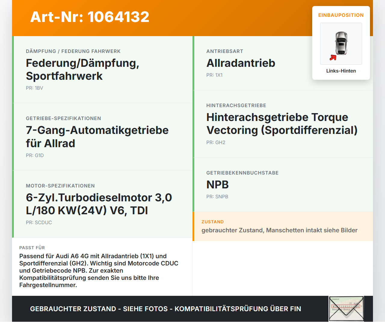 Audi A6 4G C7 11-14 qu Kombi 2,0 130KW 4WD Antriebswelle Gelenkwelle Hinten Links Audi A6 4G C7 11-14 qu 31.01.2012... Vorschau 3