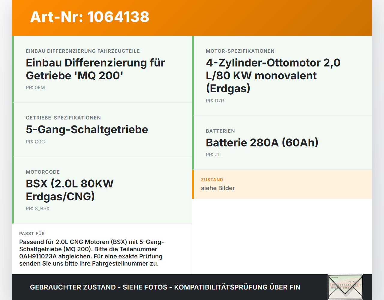 VW Touran 1T 06-10 CNG 2,0 80KW Anlasser Starter VW Touran 1T 06-10 06.08.2007 0AH911023A STX200307R gebraucht Vorschau 3