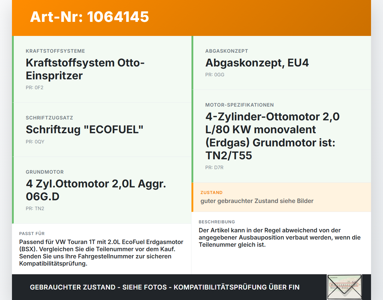 VW Touran 1T 06-10 CNG 2,0 80KW Injektor Einspritzdüse Pumpedüse Zyl.2 VW Touran 1T 06-10 06.08.2007 06A906031CE... Vorschau 3