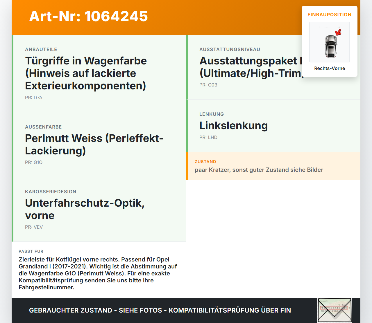 Opel Grandland I 17-21 Leiste Zierleiste für Kotflügel Rechts Vorne G1O Opel Grandland I 17-21 29.03.2018... Vorschau 3
