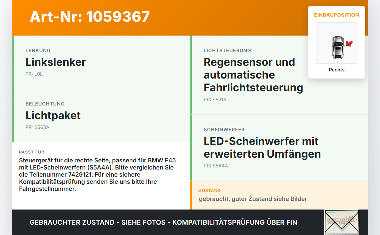 BMW 218i F45 14-18 Xenon Vorschaltgerät Steuergerät Rechts BMW 218i F45 14-18 17.07.2017 7429121 1305102288... Vorschau 3