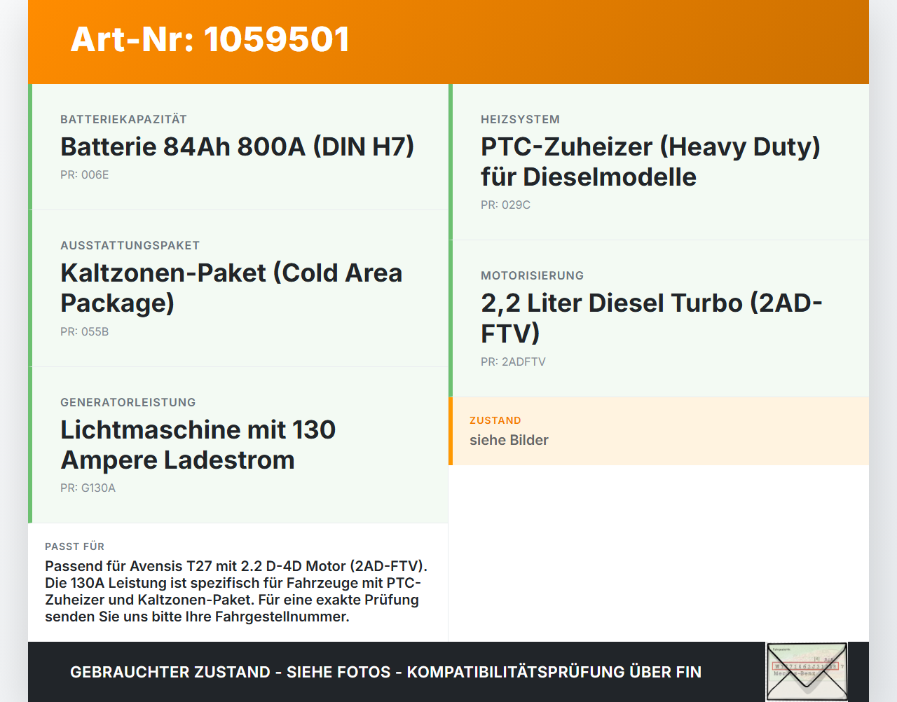 Toyota Avensis T27 08-11 2,2 110KW Lichtmaschine Generator 12V 130A Toyota Avensis T27 08-11 07.09.2011 27060-0G021... Vorschau 3