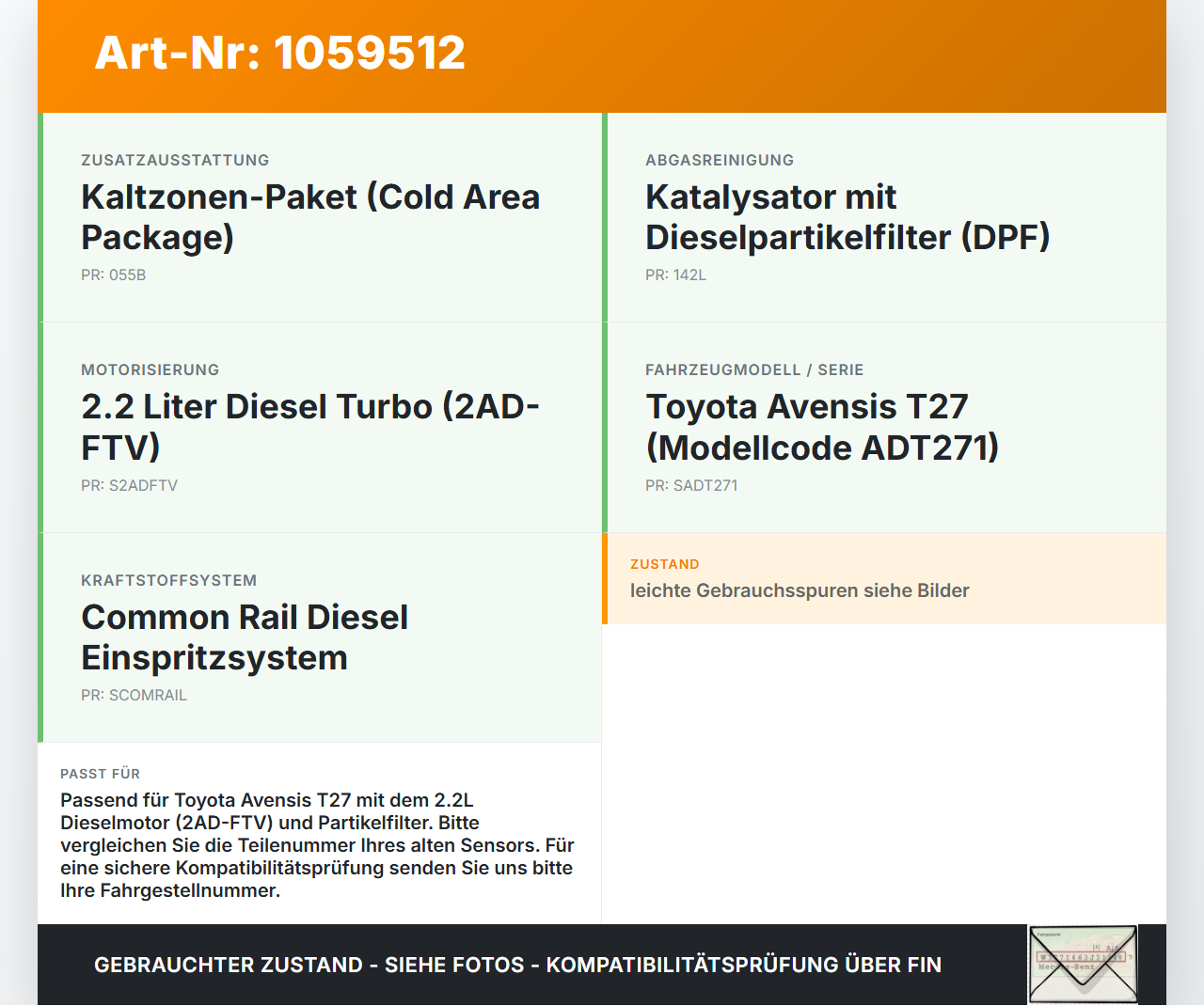 Toyota Avensis T27 08-11 2,2 110KW Drucksensor Toyota Avensis T27 08-11 07.09.2011 gebraucht Vorschau 3