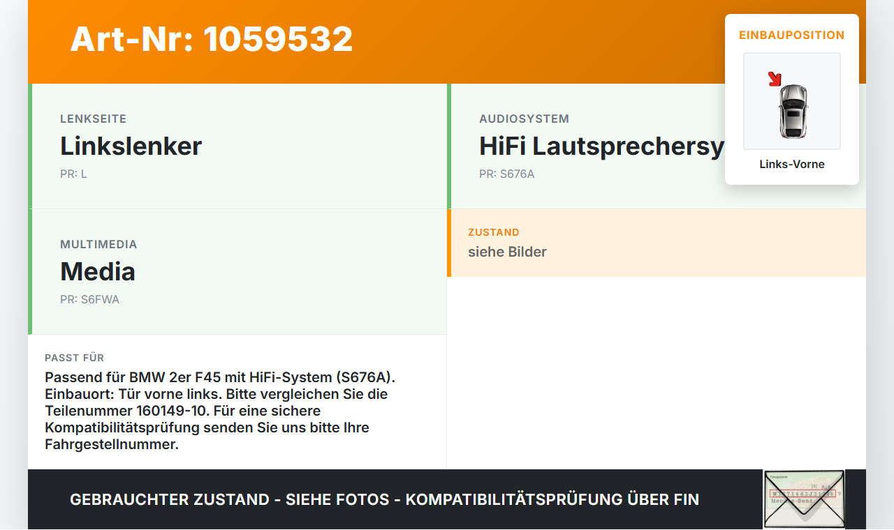 BMW 218i F45 14-18 Türlautsprecher Mitteltöner Links Vorne BMW 218i F45 14-18 17.07.2017 9281896-04 160149-10 gebraucht Vorschau 3