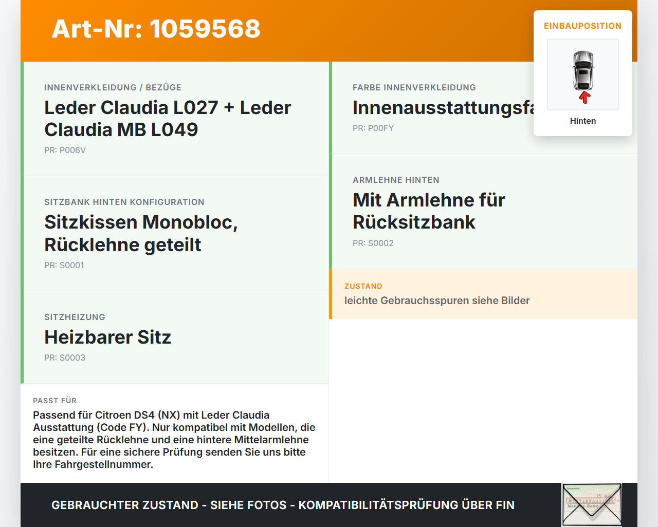 Citroen DS4 NX 11-15 Sitzbezug Sitzpolster für Rücksitzbank Hinten Citroen DS4 NX 11-15 20.05.2011 gebraucht Vorschau 3
