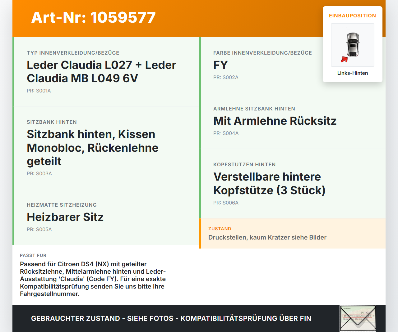 Citroen DS4 NX 11-15 Sitzbezug Rückenpolster Links für Rücksitzbank Hinten Citroen DS4 NX 11-15 20.05.2011 gebraucht Vorschau 3