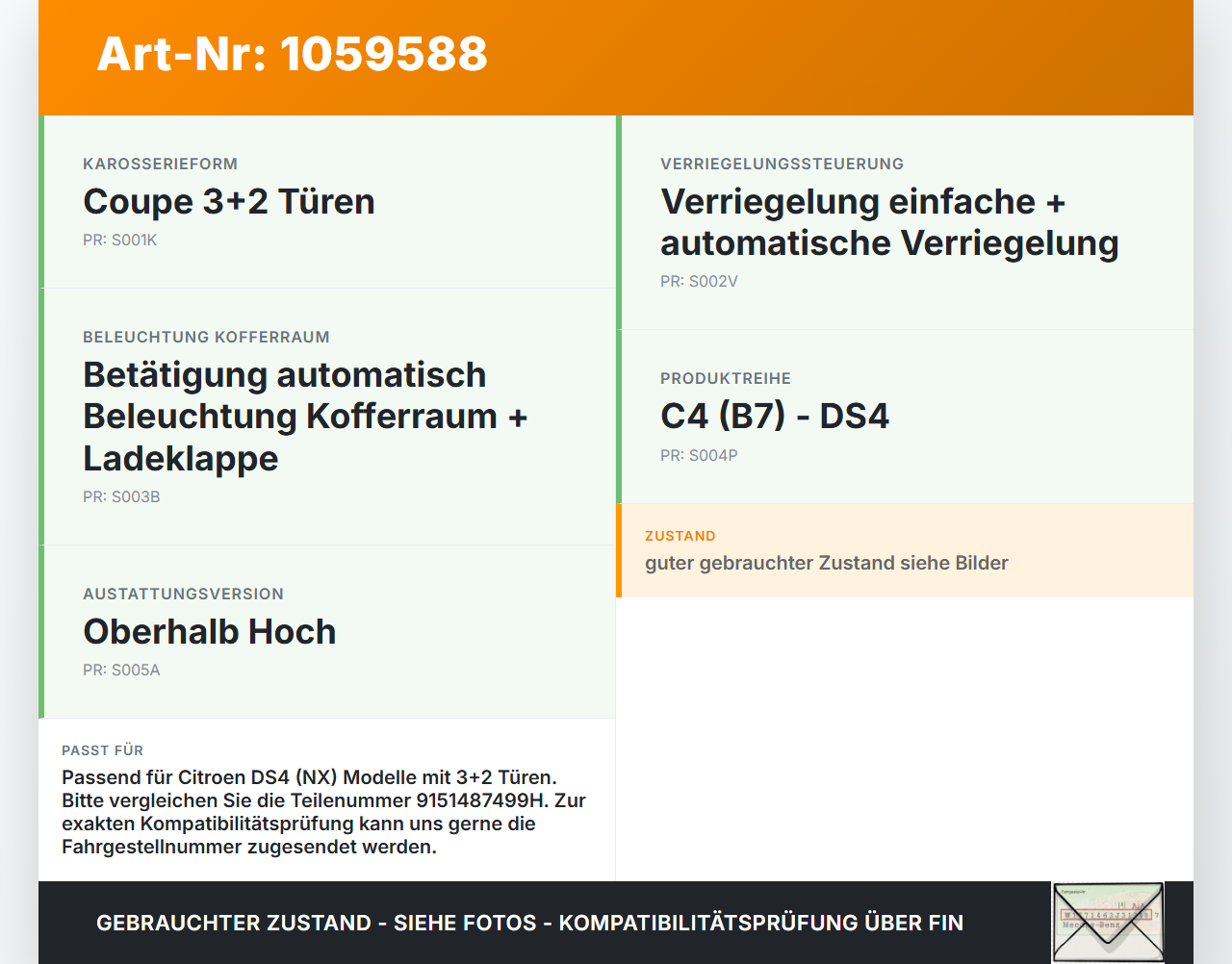 Citroen DS4 NX 11-15 Heckklappenschloss Verriegelung Türschloss Citroen DS4 NX 11-15 20.05.2011 9151487499H gebraucht Vorschau 3