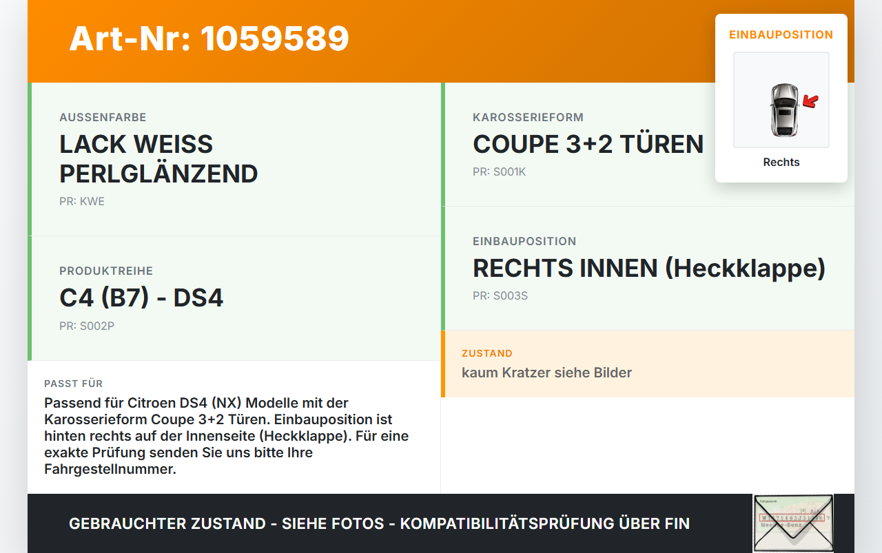 Citroen DS4 NX 11-15 Rückleuchte Heckleuchte Innen Rechts Citroen DS4 NX 11-15 20.05.2011 gebraucht Vorschau 3