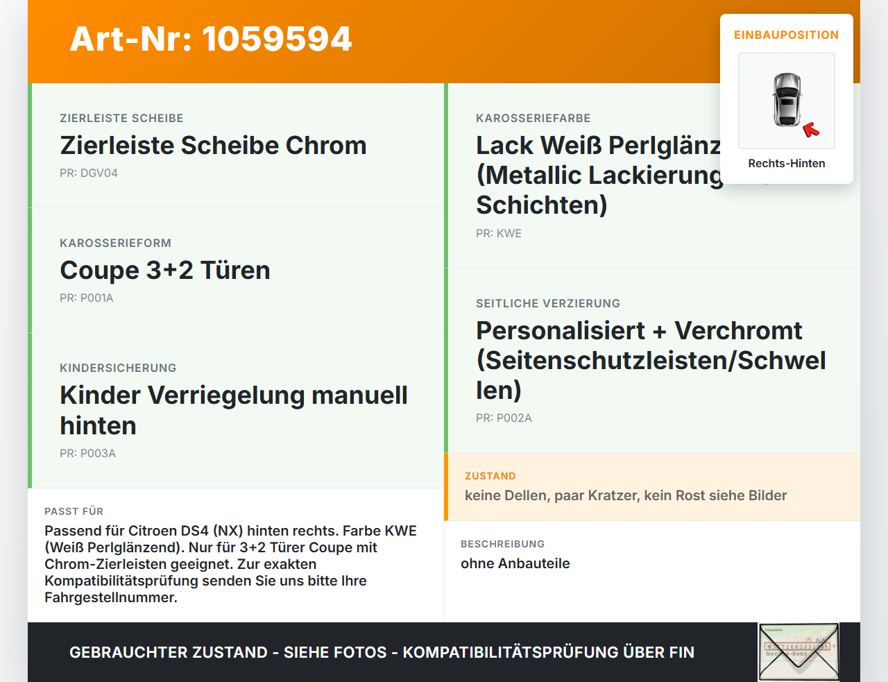 Citroen DS4 NX 11-15 Tür Rechts Hinten KWE Citroen DS4 NX 11-15 20.05.2011 gebraucht Vorschau 3
