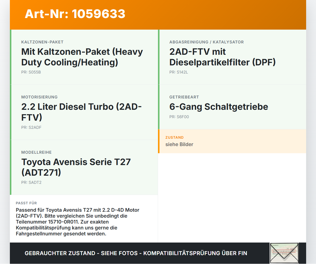 Toyota Avensis T27 08-11 2,2 110KW Ölkühler Toyota Avensis T27 08-11 07.09.2011 15710-0R011 gebraucht Vorschau 3