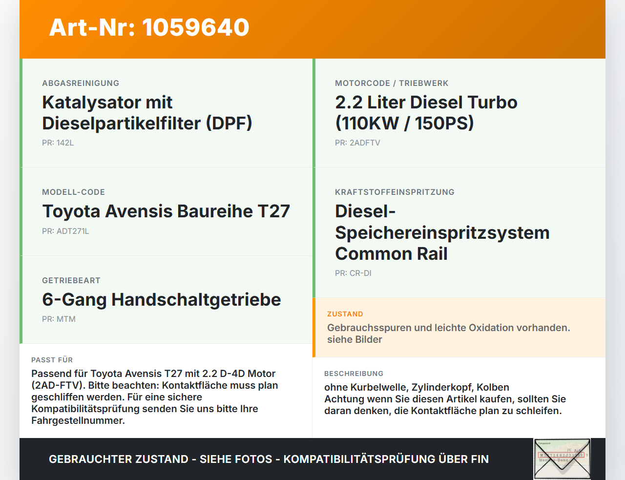 Toyota Avensis T27 08-11 2,2 110KW 2ADFTV Motorblock für Motor Toyota Avensis T27 08-11 07.09.2011 gebraucht Vorschau 3