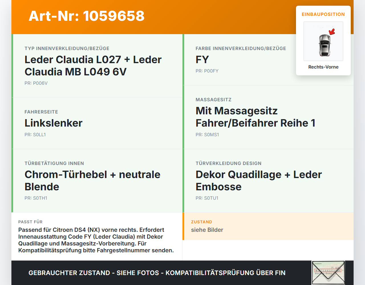 Citroen DS4 NX 11-15 Türverkleidung Rechts Vorne Citroen DS4 NX 11-15 20.05.2011 96875412WE 96875185A 10450262 gebraucht Vorschau 3