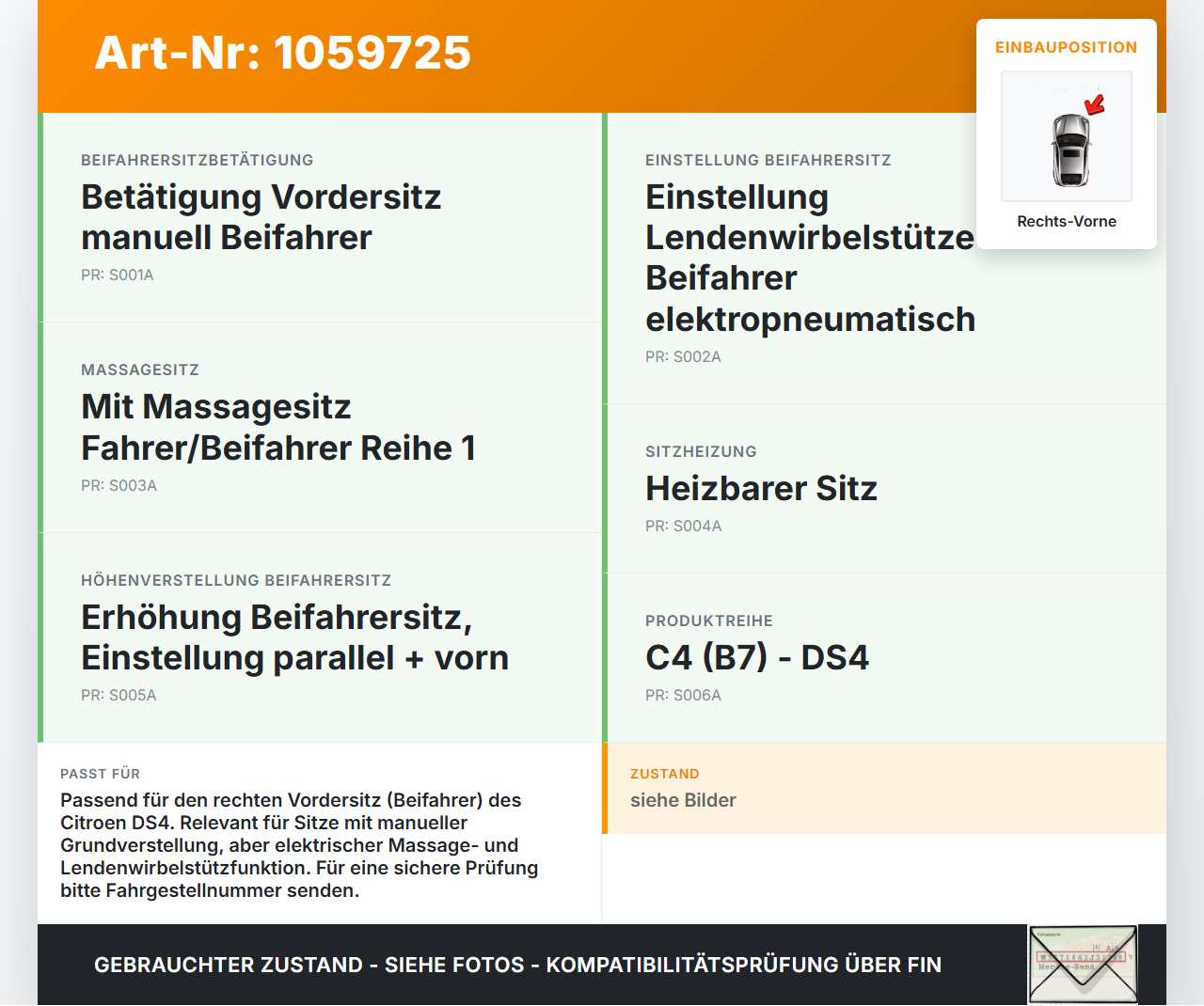 Citroen DS4 NX 11-15 Stellmotor Antrieb für Sitz Verstellung Rechts Vorne Citroen DS4 NX 11-15 20.05.2011 1602431... Vorschau 3