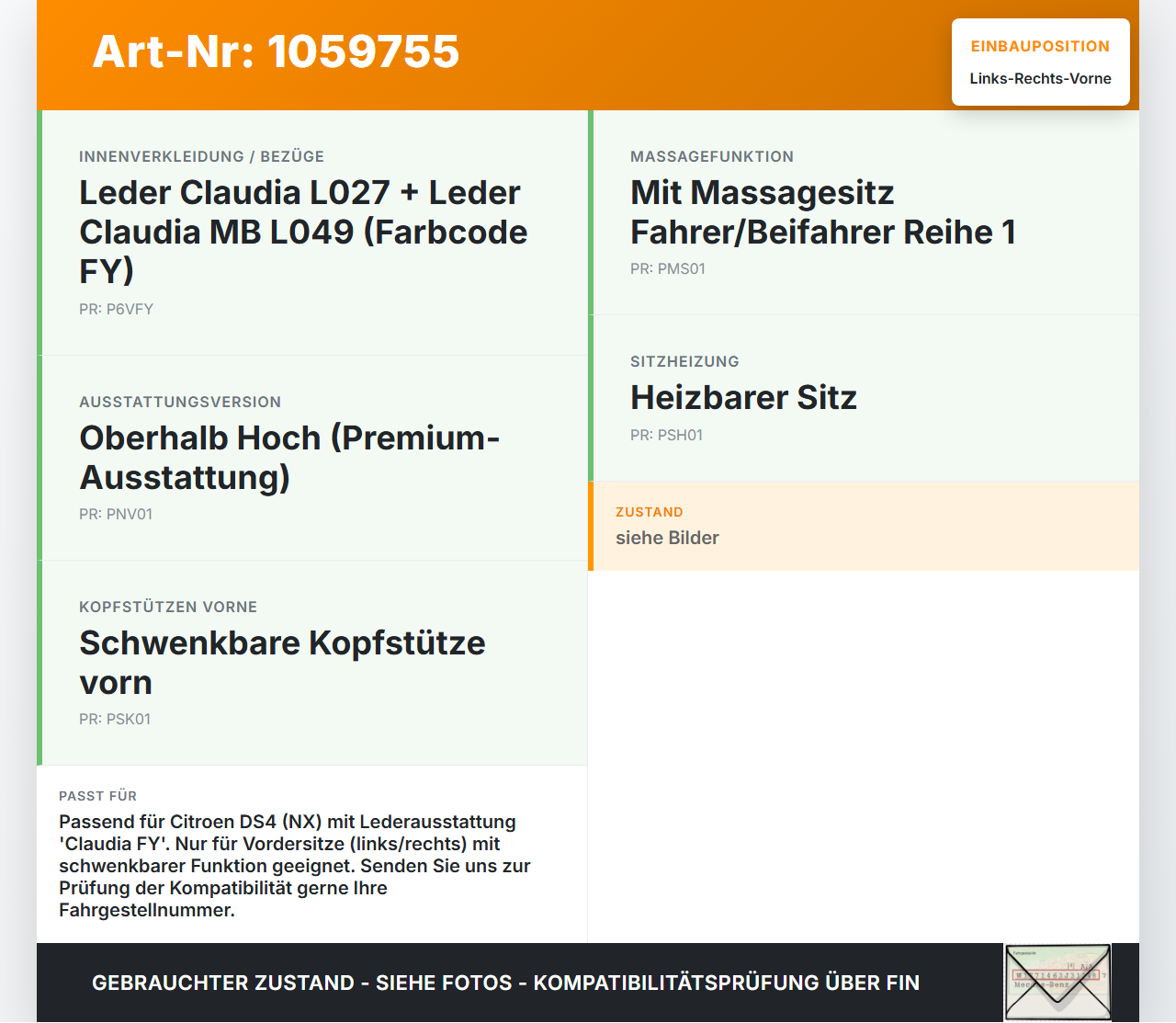 Citroen DS4 NX 11-15  Leder Kopfstütze für Beifahrer Sitz Rechts oder Links Vorne Citroen DS4 NX 11-15 20.05.2011... Vorschau 3