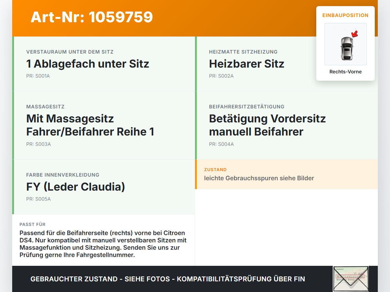 Citroen DS4 NX 11-15 Ablagefach Staufach Sitz Rechts Vorne Citroen DS4 NX 11-15 20.05.2011 JC1793209 gebraucht Vorschau 3