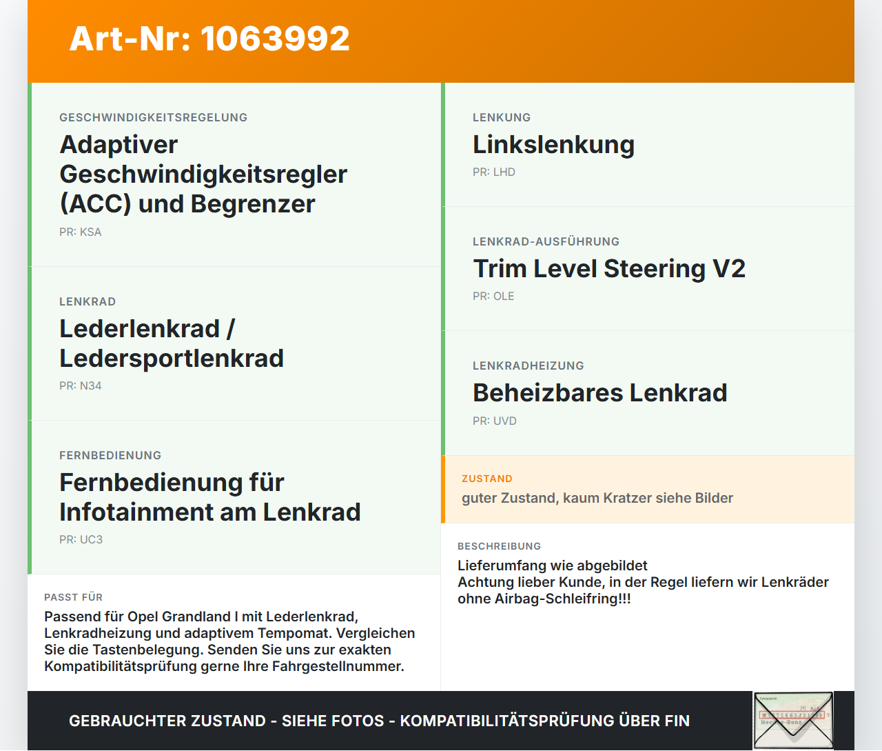 Opel Grandland I 17-21 Lenkrad Airbaglenkrad Opel Grandland I 17-21 29.03.2018 YQ000239YX 34216391C gebraucht Vorschau 3