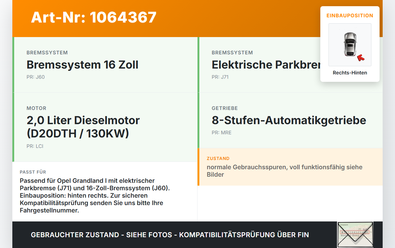 Opel Grandland I 17-21 2,0d 130KW Stellmotor Parkbremse Bremssattel Hinten Rechts Opel Grandland I 17-21 29.03.2018... Vorschau 3