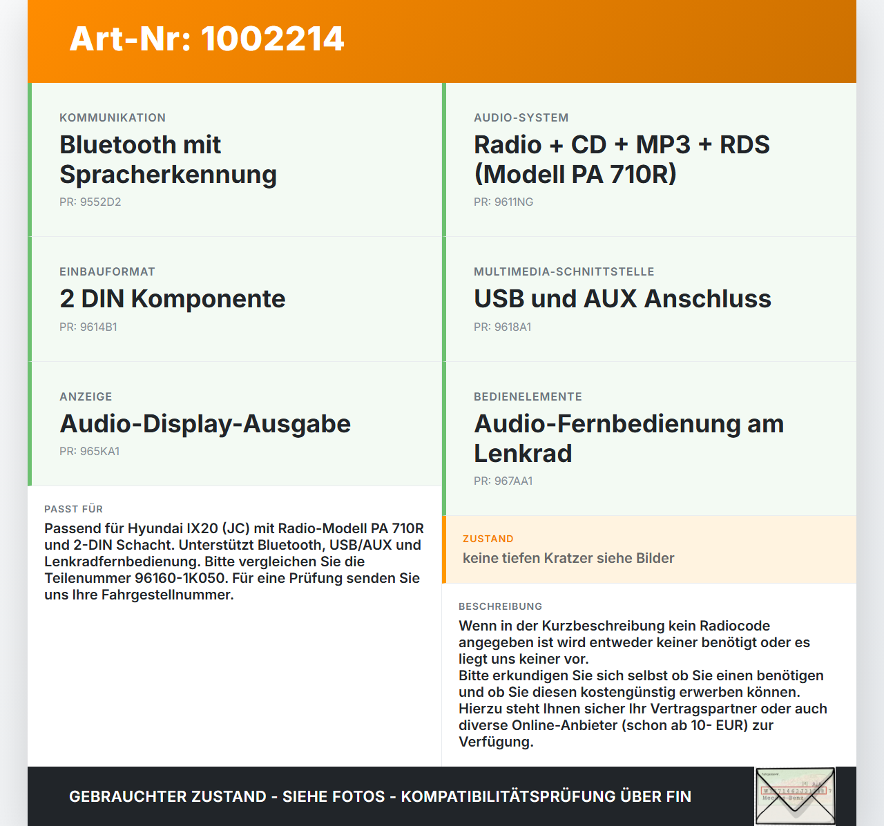Hyundai IX20 JC 10-15 Autoradio CD-Radio Hyundai IX20 JC 10-15 07.02.2013 96160-1K050 gebraucht Vorschau 3