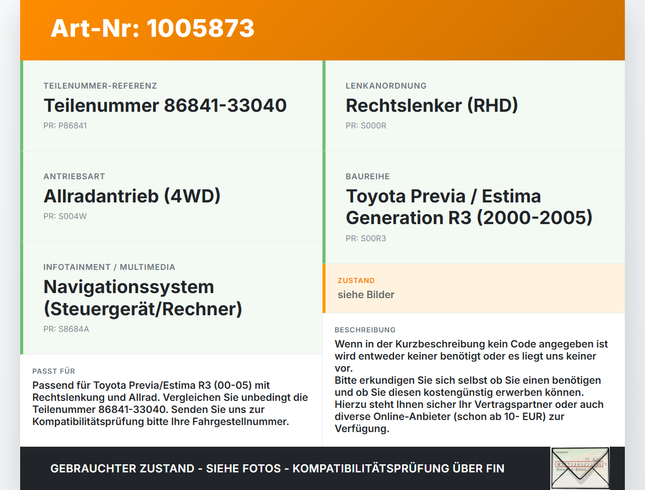 Toyota Previa Estima R3 00-05 Navigationssystem Navi Toyota Previa Estima R3 00-05 01.07.2000 86841-33040 gebraucht Vorschau 3