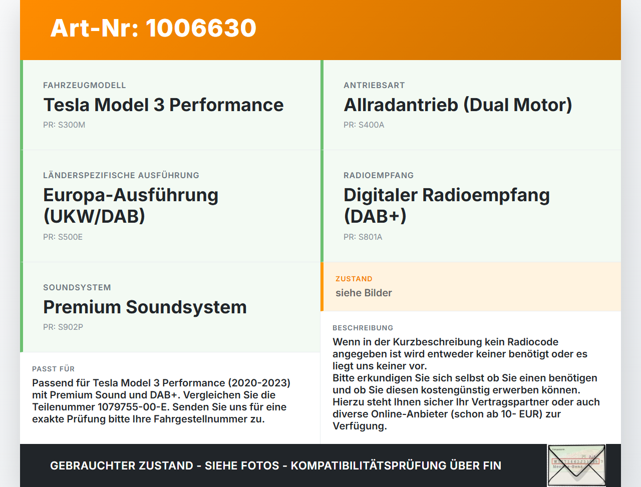 Tesla Model 3 Perf 20-23 Autoradio UKW / DAB RADIO MODUL Tesla Model 3 Perf 20-23 18.04.2023 1079755-00-E gebraucht Vorschau 3