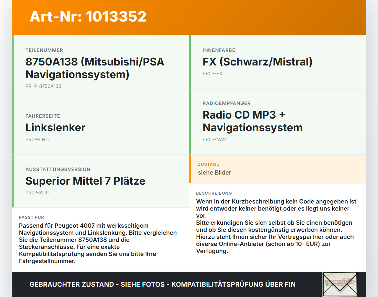 Peugeot 4007 GP 07-12 Navigationssystem Navi Display Radio Peugeot 4007 GP 07-12 27.09.2007 8750A138 gebraucht Vorschau 3