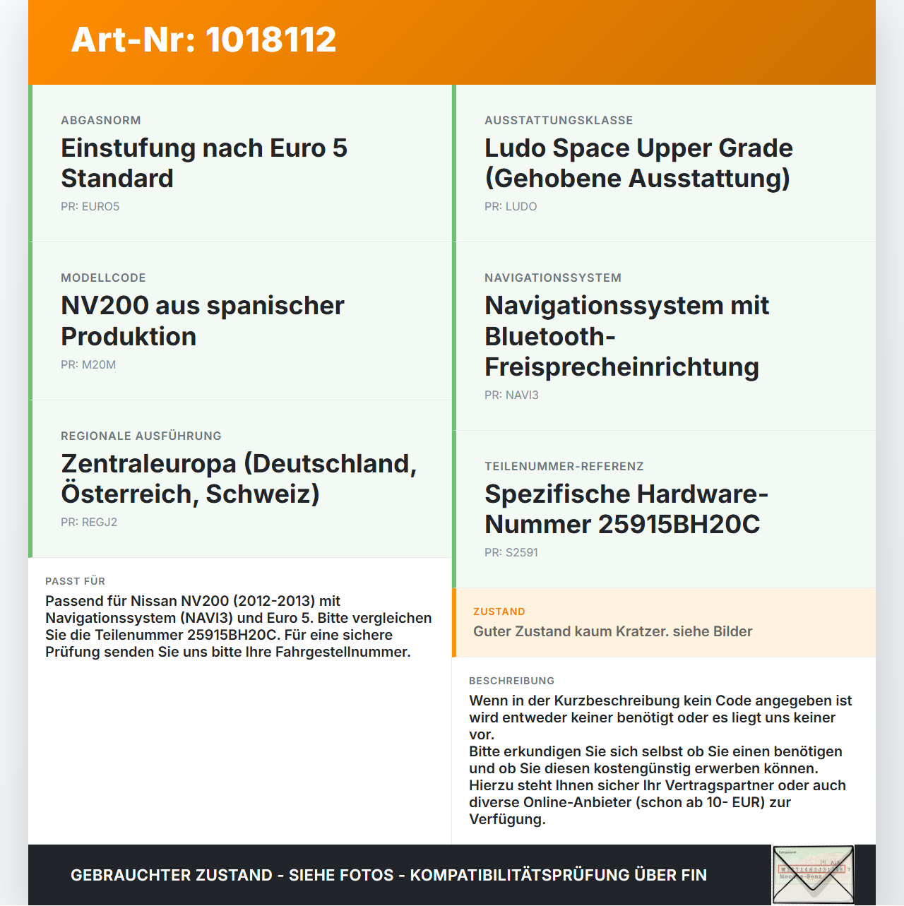Nissan NV200 09-21 Navigationssystem Navi GPS LCN EU Nissan NV200 09-21 09.08.2012 7612830092 25915BH20C gebraucht Vorschau 3