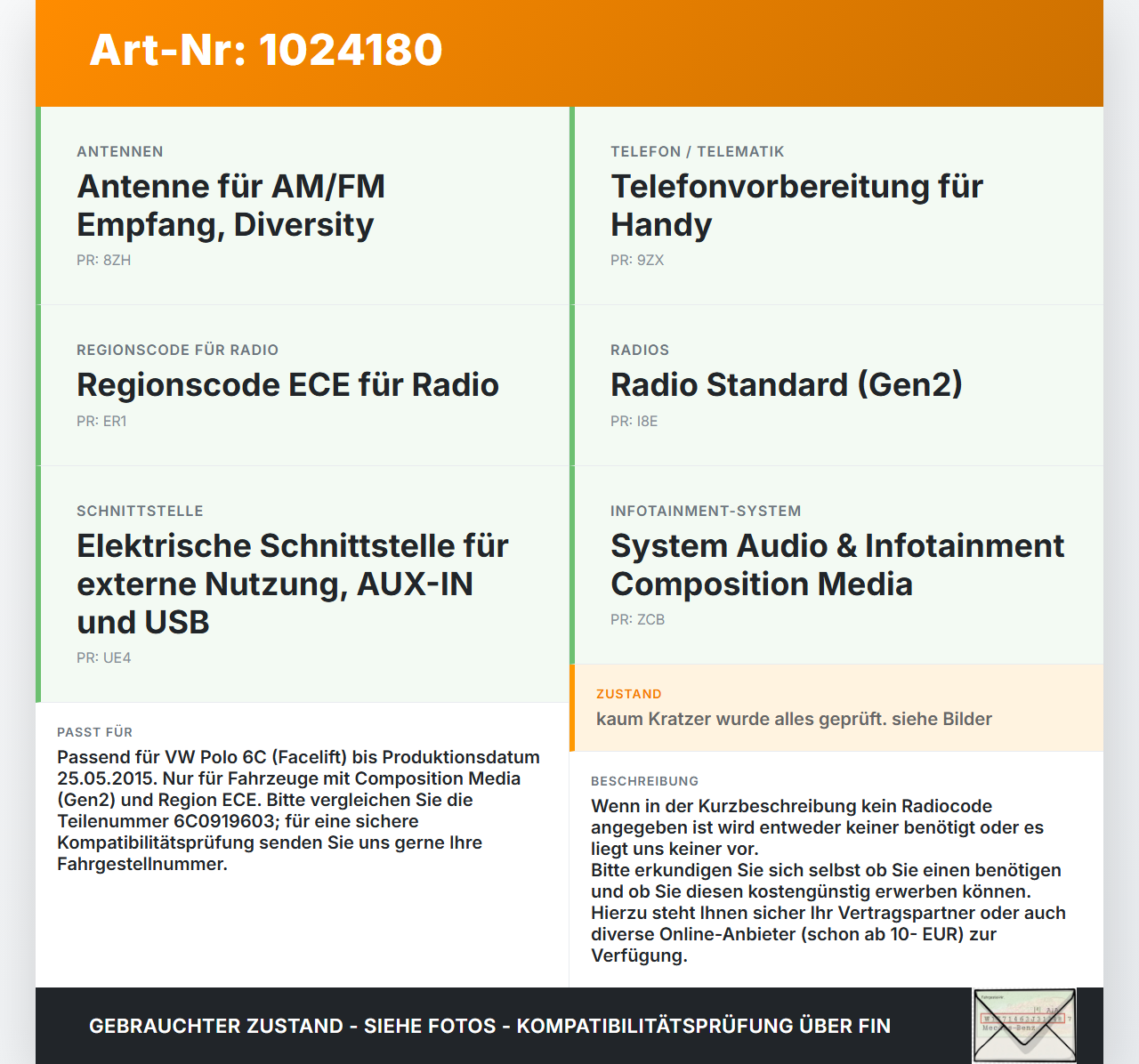 VW Polo V 6R 14-17 Autoradio CD-Radio MIB2 VW Polo V 6R 14-17 11.12.2014 6C0919603 gebraucht Vorschau 3