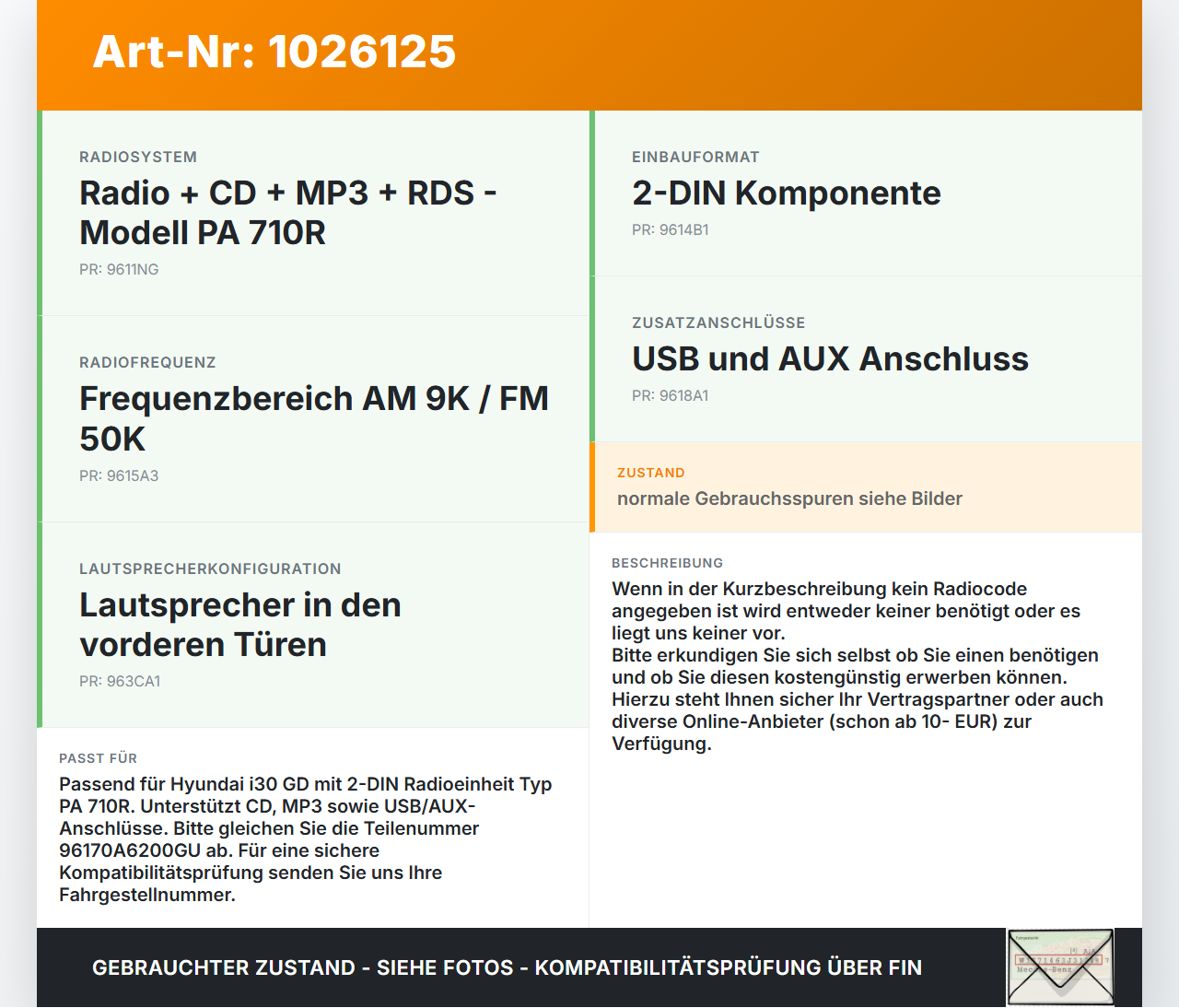 Hyundai I30 GD 11-15 Autoradio CD-Radio Hyundai I30 GD 11-15 20.10.2014 96170A6200GU AC100A6EE gebraucht Vorschau 3