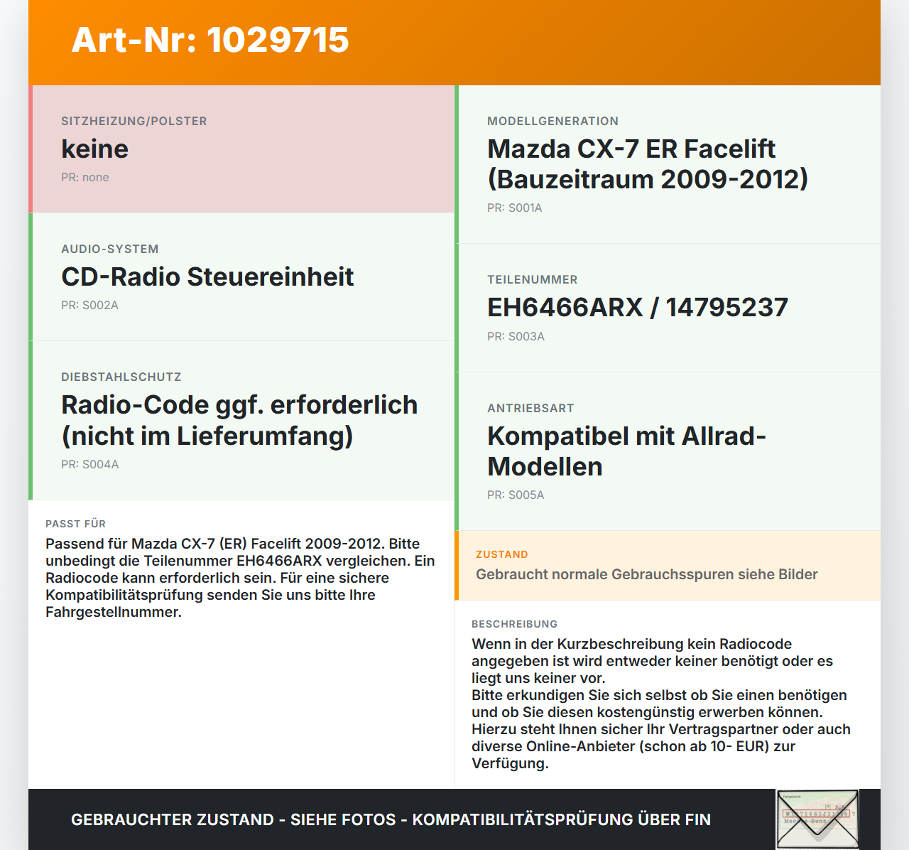 Mazda CX-7 CX7 ER 09-12 Autoradio CD-Radio Mazda CX-7 CX7 ER 09-12 20.12.2010 EH6466ARX 14795237 gebraucht Vorschau 3
