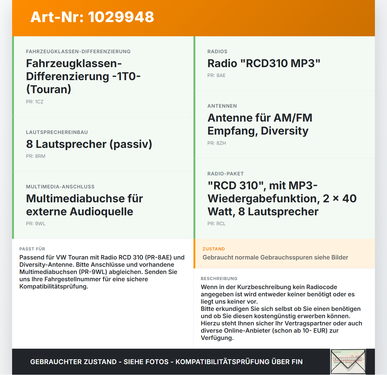 VW Touran 1T 03-06 Autoradio CD-Radio Blaupunkt Low EU BVX Orig. Blaupunkt VW Touran 1T 03-06 16.04.2009... Vorschau 3