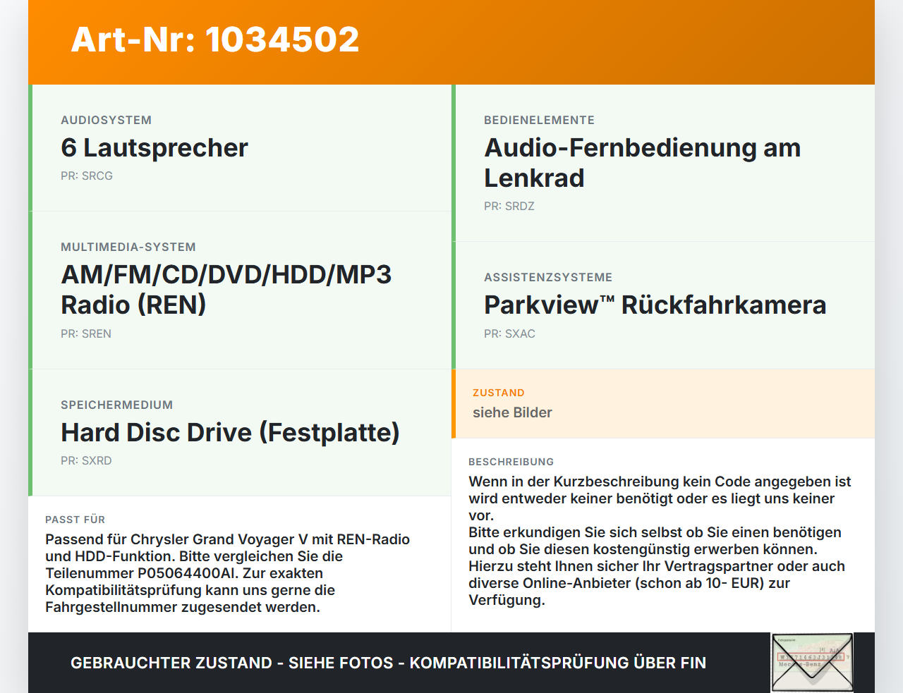 Chrysler Grand Voyager V 08-10 Navigationssystem Navi Chrysler Grand Voyager V 08-10 01.01.2008 P05064400AI... Vorschau 3