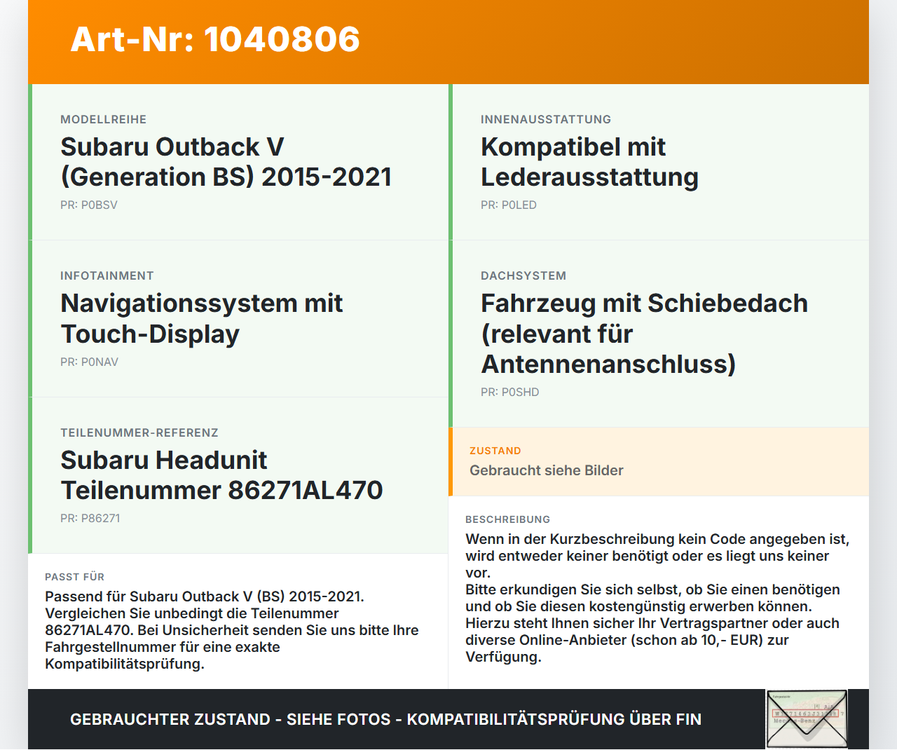 Subaru Outback V BS 15-21 Navigationssystem Navi Subaru Outback V BS 15-21 19.03.20154 86271AL470 138000-6990D101... Vorschau 3