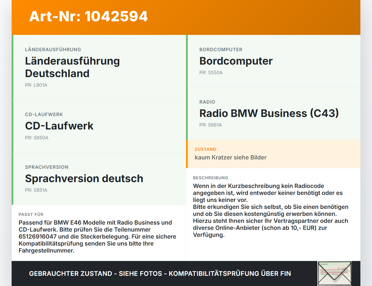 BMW E46 325i 02-06 Autoradio CD-Radio Business CD RDS Tuner BMW E46 325i 02-06 04.03.2003 65126916047 6916047... Vorschau 3