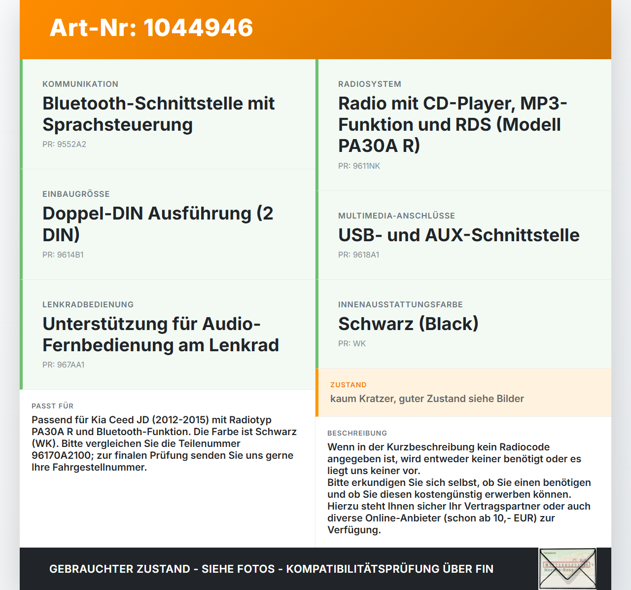 Kia Ceed JD 12-15 Autoradio CD-Radio Kia Ceed JD 12-15 03.05.2013 96170A2100WK 96170A2100 AC110A2EE gebraucht Vorschau 3