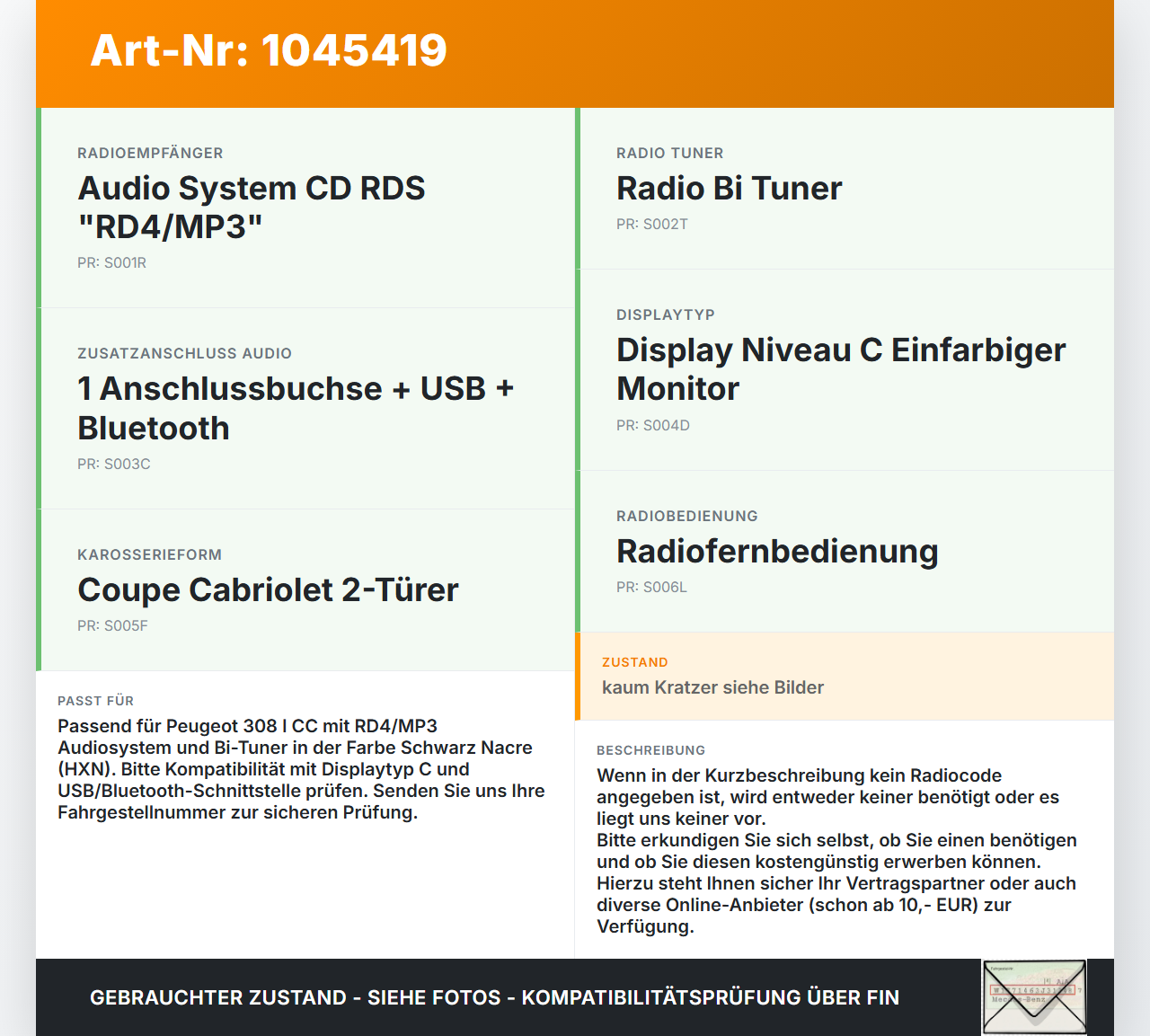 Peugeot 308 I CC 11-15 Autoradio CD-Radio Peugeot 308 I CC 11-15 20.04.2012 6574QW 96750284XN A2C53405866 gebraucht Vorschau 3