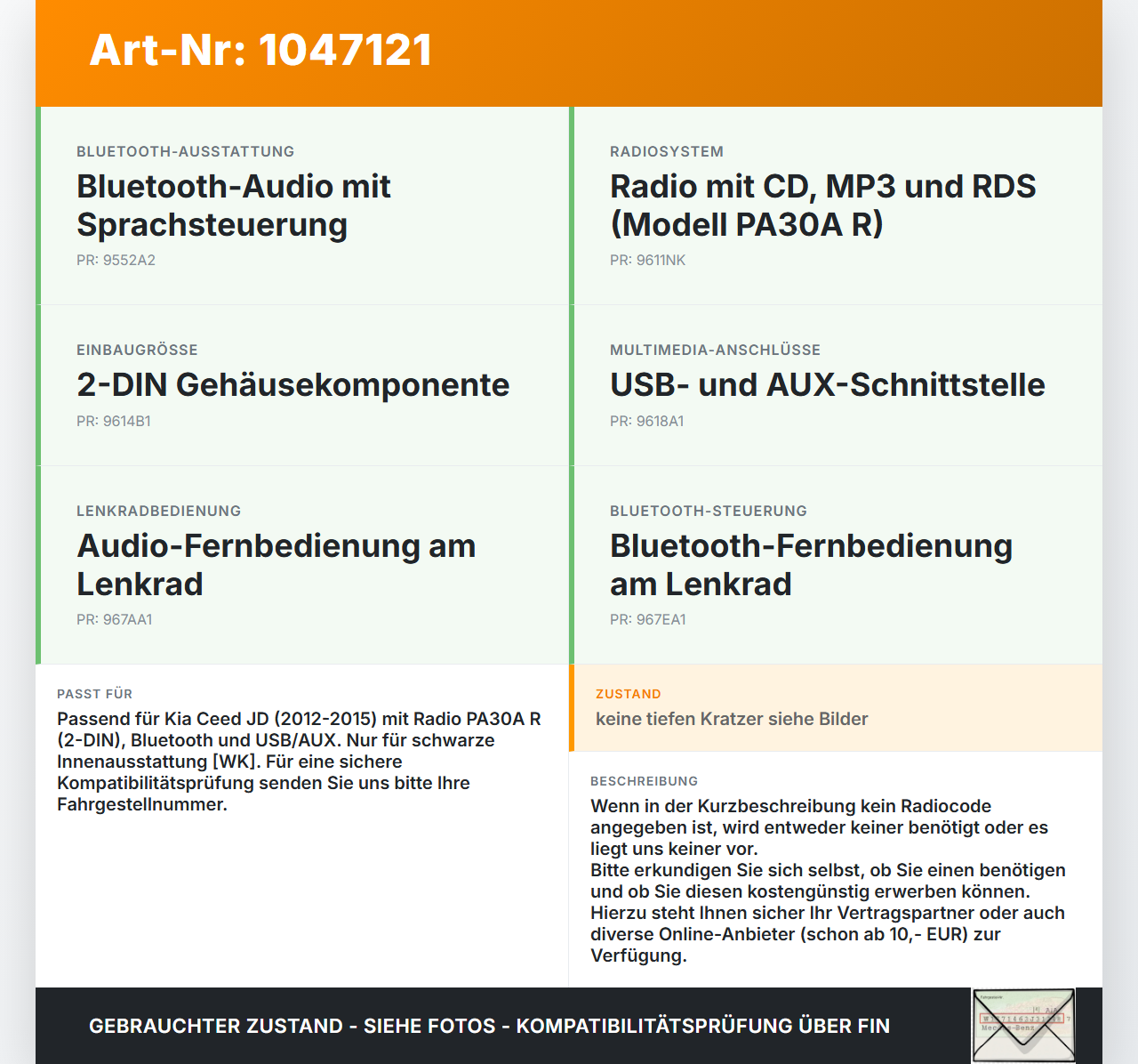 Kia Ceed JD 12-15 Autoradio CD-Radio Kia Ceed JD 12-15 28.03.2013 96170A2100WK AC110A2EE gebraucht Vorschau 3
